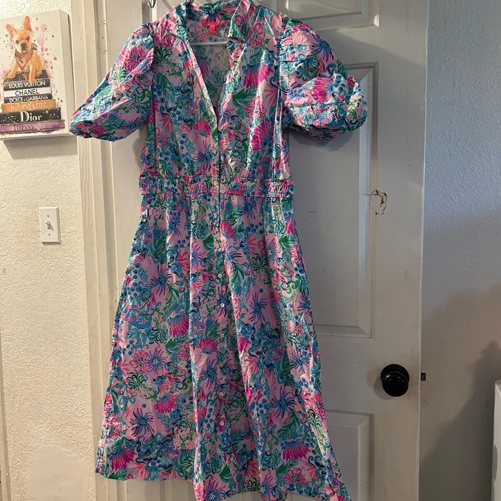 Lilly Pulitzer Pink, Blue & Green Floral Puff-Sleeve Dress